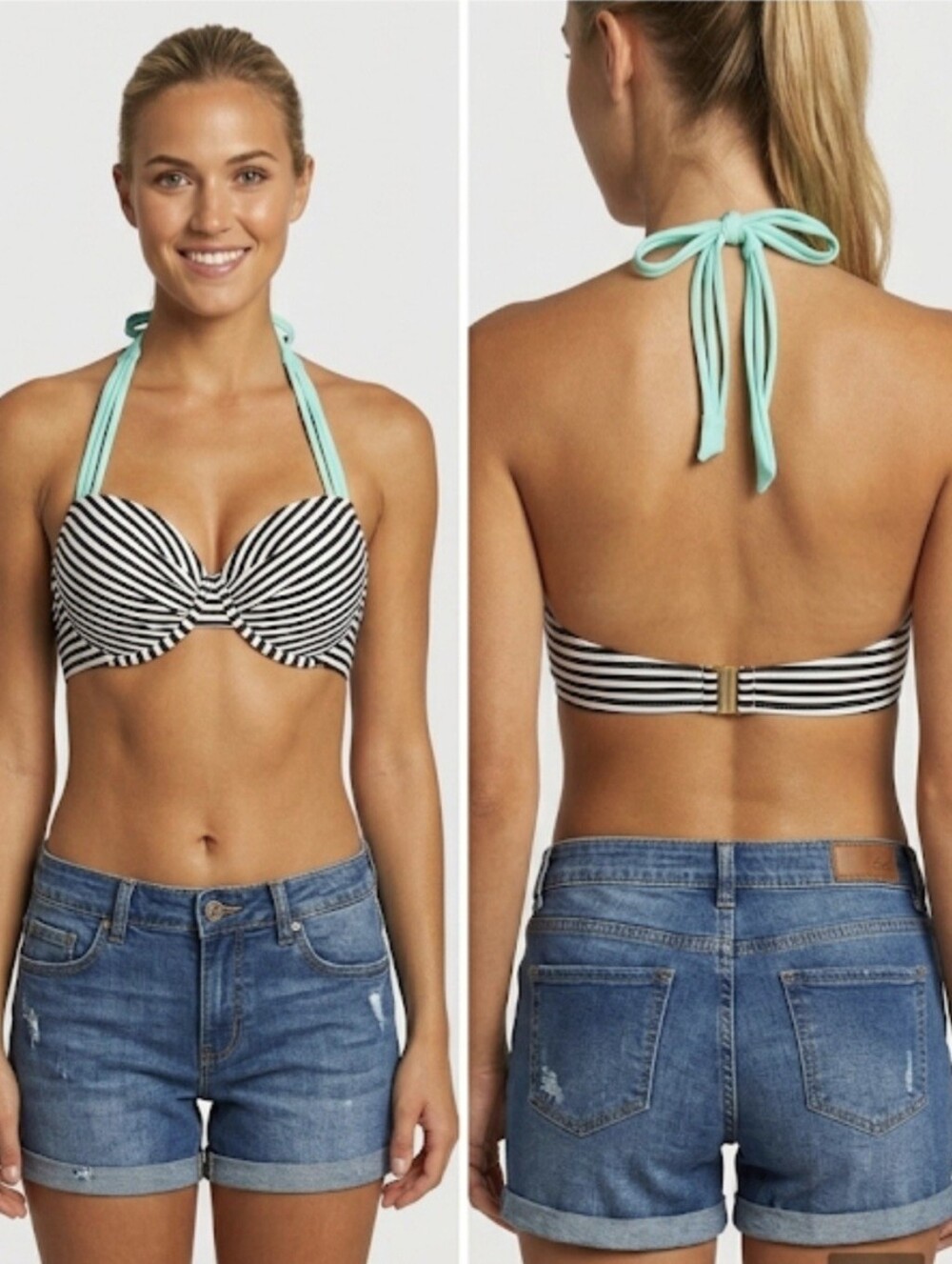 California Waves Black White Striped Halter Bikini Top Mint Straps XS